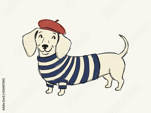 Cute dachshund wearing a striped shirt and beret, a whimsical illustration