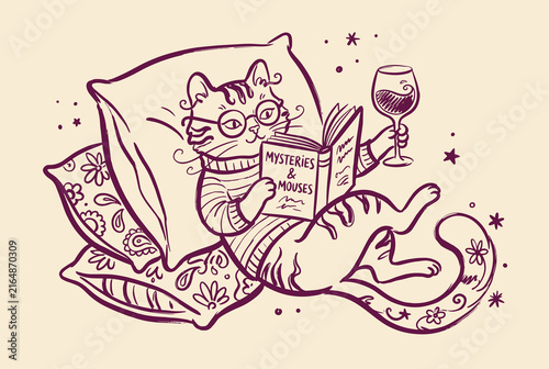 Whimsical cat in glasses reads a book while holding a glass of wine