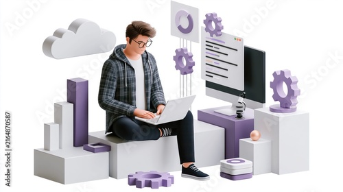 Young man coding on laptop surrounded by abstract tech elements and clouds during daytime