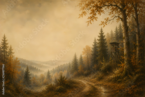 Misty Autumn Hunting Landscape with Forest and Hunting Tower – Wilderness, Wildlife and Rustic Nature Background