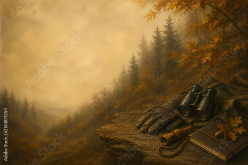 Misty Autumn Woodland with Fallen Logs and Golden Light – Forest Wilderness, Nature and Hunting Background