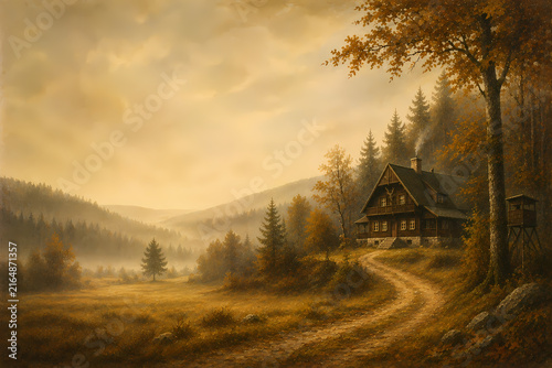 Rustic Hunting Cabin in Misty Autumn Mountain Landscape – Woodland, Wilderness and Hunting Background