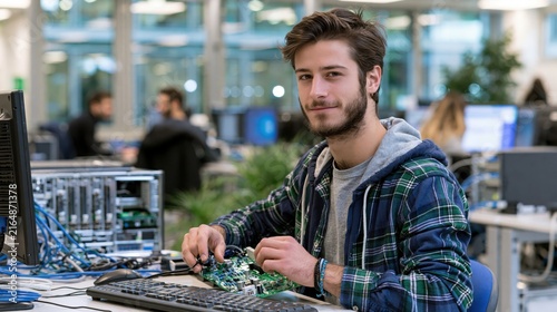 Young man working on computer hardware in a modern office with selective focus