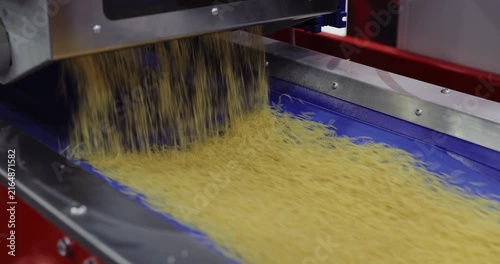 Industrial feeder releases filini pasta onto moving conveyor in modern food factory. Automated dosing system distributes product evenly for further processing