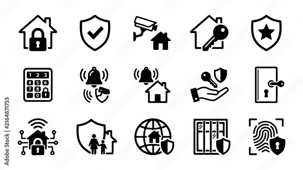 Obraz premium Flat line security icons set with home, cloud, shield, lock, and global network symbols for cyber protection