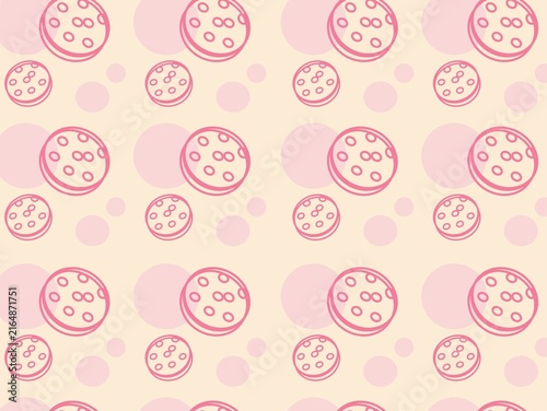 Konstfotografi Seamless pattern featuring circular shapes resembling pink cookies with holes, set against a soft beige background