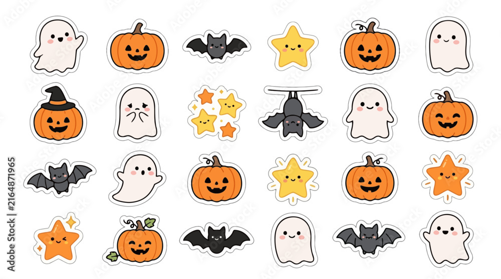 Obraz premium Cute Halloween Vector Illustration Featuring Ghosts Pumpkins Bats and Stars