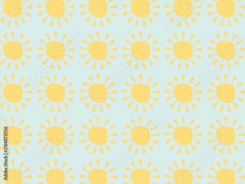 Pattern of stylized yellow suns on a light blue background. Each sun features a circular center with triangular rays extending outward, evenly spaced and arranged in rows. The design creates a cheerfu