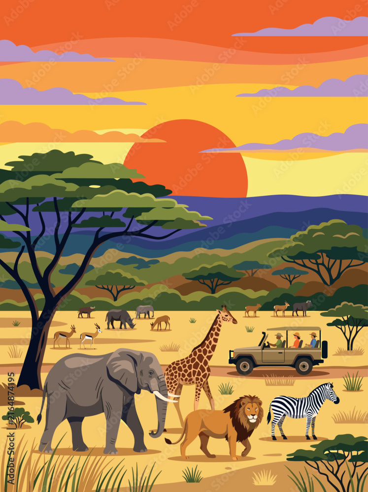 Obraz premium African safari adventure with diverse wildlife and tourists at sunset