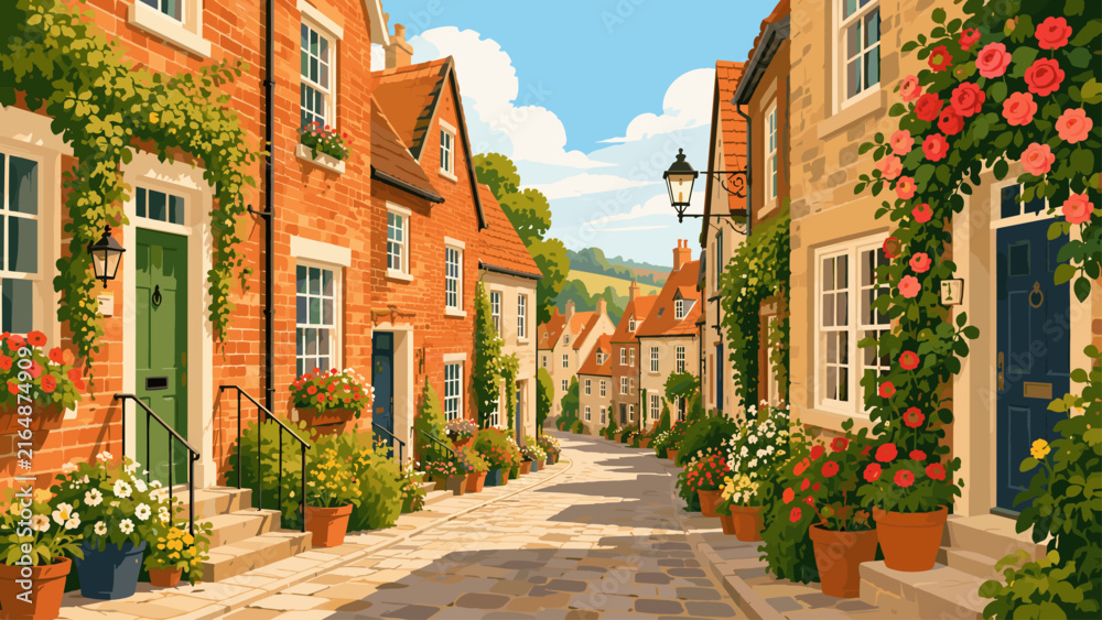 Fototapeta premium Charming European village street lined with brick houses and blooming flowers