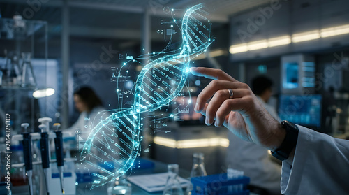 Scientist interacting with a glowing digital DNA helix model in a modern laboratory.