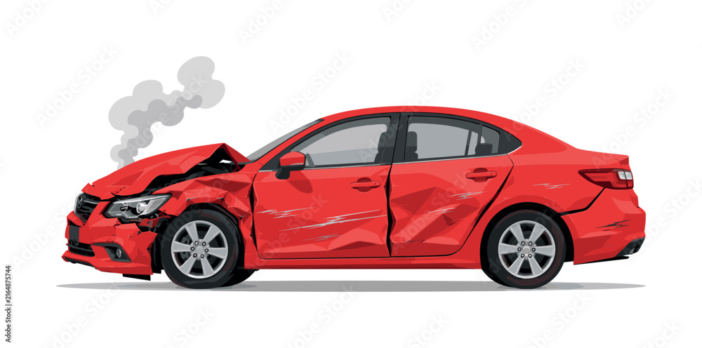 Fototapeta premium Red sedan with severe damage to the front and side after a collision