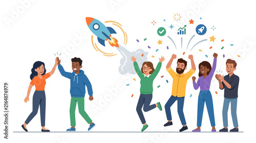 Diverse team celebrates successful project launch with high fives and confetti as rocket takes off