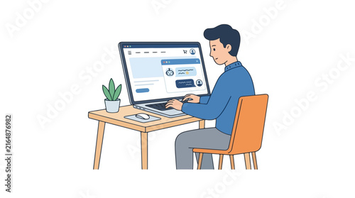 Man using laptop with chatbot interface on screen, engaging in online conversation and customer service interaction