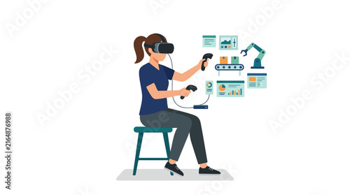 Woman using virtual reality headset and controllers to interact with a virtual factory production line and data analytics
