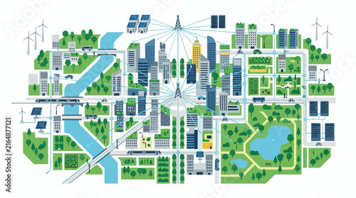 Smart City Vector Illustration Showing Sustainable Urban Development With Green Energy And Connectivity