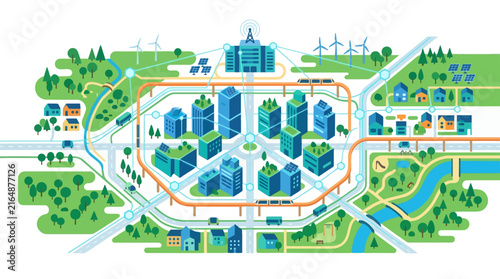 Smart City Vector Illustration Showing Sustainable Urban Development with Green Energy and Connectivity