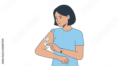 Woman with short dark hair in a blue t shirt interacting with medical sensors on her arm