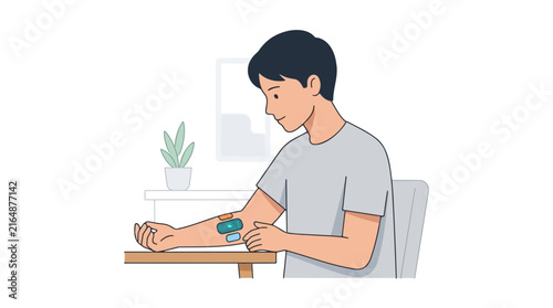 Young man applying colorful bandages to his arm, vector illustration