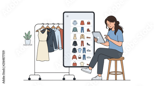 Woman browsing online clothing store on tablet next to a rack of clothes and a digital display of fashion items