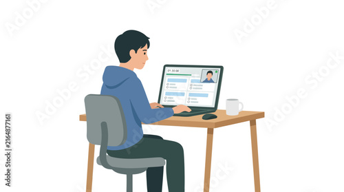 Young man working on laptop computer participating in online meeting or video conference with colleagues from home office