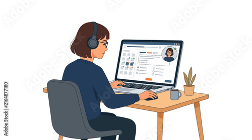 Young woman wearing headphones and glasses working on a laptop with a video call in progress on screen