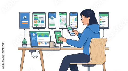 App Developer Working on Multiple Devices Showing UI Designs and Data Analytics