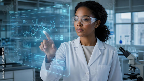 Female scientist interacting with a futuristic holographic digital interface in a laboratory
