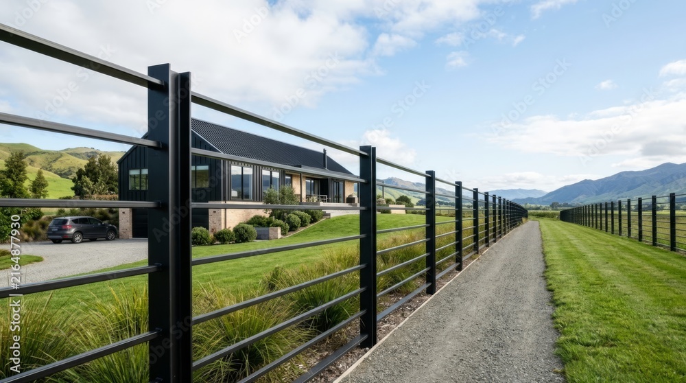 Fototapeta premium Modern fence lines lead to a contemporary country home with ample copy space for real estate marketing in bright daylight.