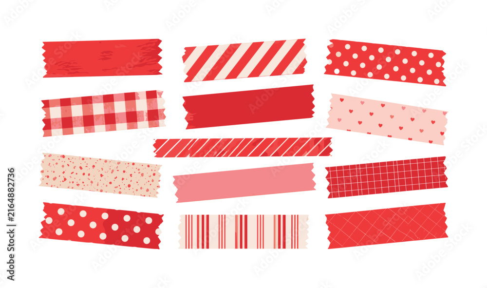 Fototapeta premium Collection of decorative red and pink tape strips with various patterns