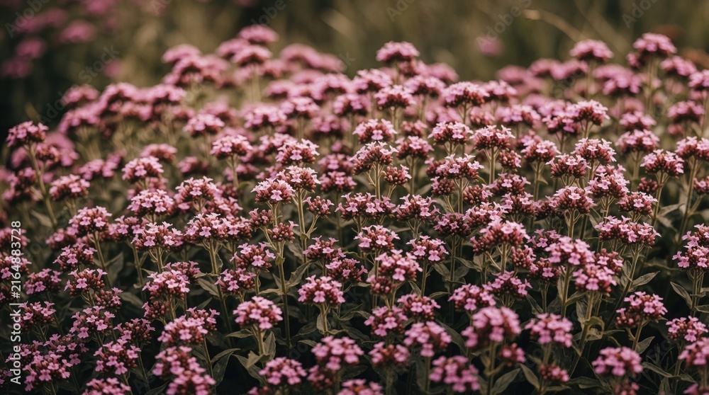 Obraz premium Close up of dense pink perennial flowers in garden. Small blooming blossoms grow in rich flowerbed. Beautiful floral arrangement shows vivid colors in nature. Perennial plants create soft texture for