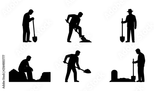 Bild auf Leinwand Gravedigger Silhouette Set, Cemetery Worker Icons, Digging Grave Vector Graphics