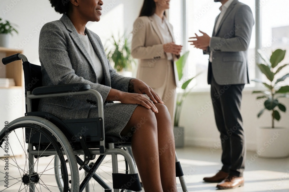 Fototapeta premium Woman in wheelchair talks with colleagues in bright office space. Diverse team collaborates in modern workplace. Focus on inclusion, teamwork, and pro interaction at work.