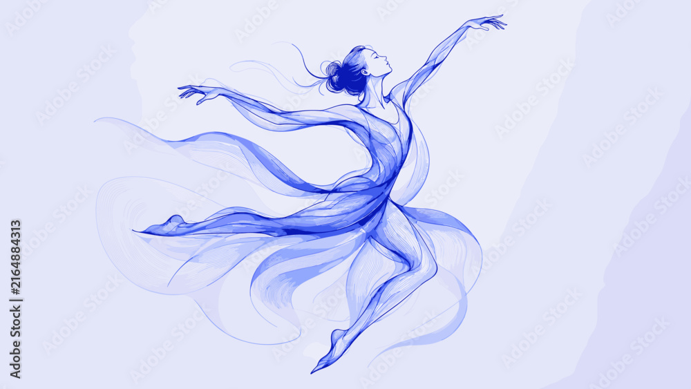 Fototapeta premium Elegant dancer in flowing blue lines captures a moment of graceful movement