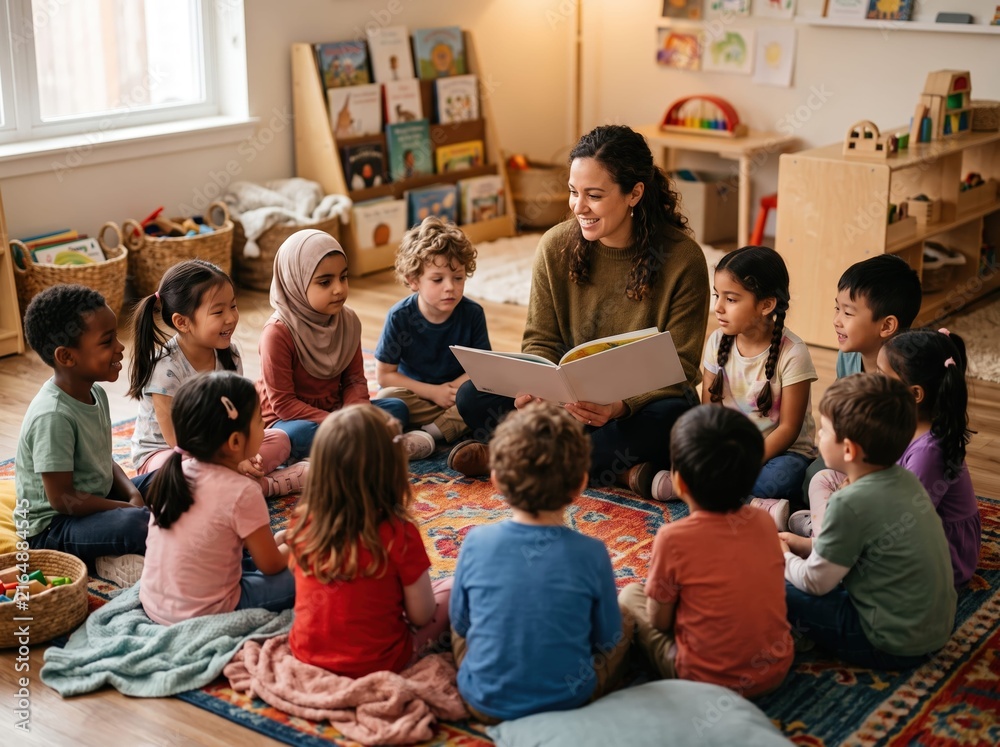 Obraz premium teacher reading storybook to diverse children sitting together in circle