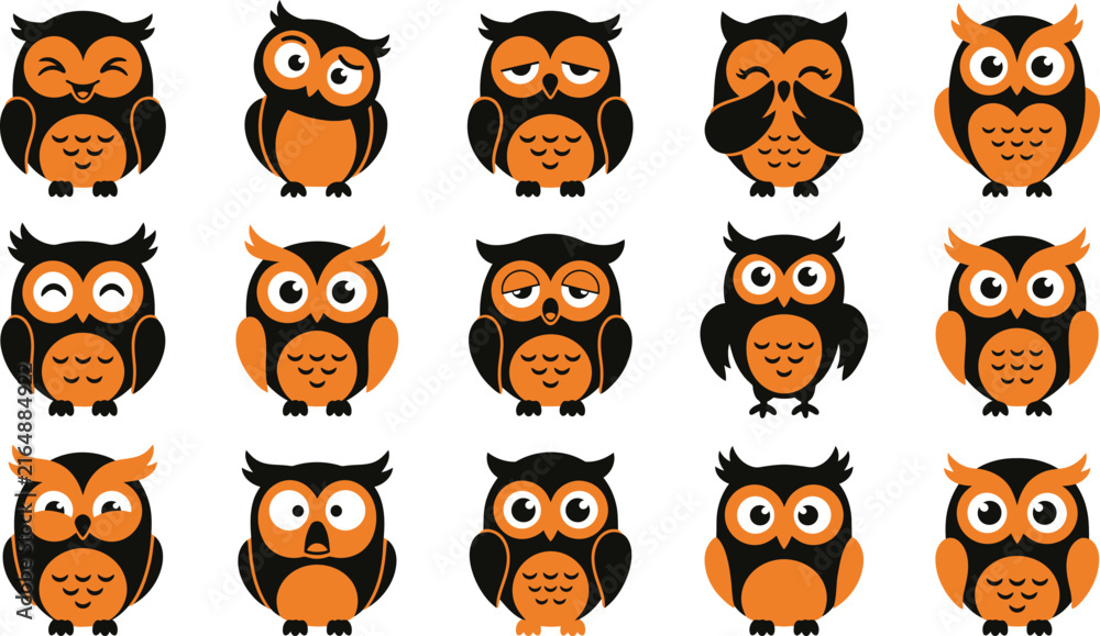 Obraz premium Set of cute cartoon owls with different emotions and expressions