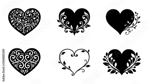 Ornate Heart Vector Icons, Romantic Floral Embellishments, Decorative Love Symbols, Elegant Black and White Graphic Elements
