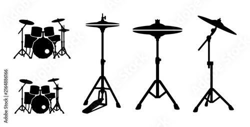 Fotografie Drum Kit Silhouettes, Percussion Instruments Vector Icons, Musical Equipment Gra