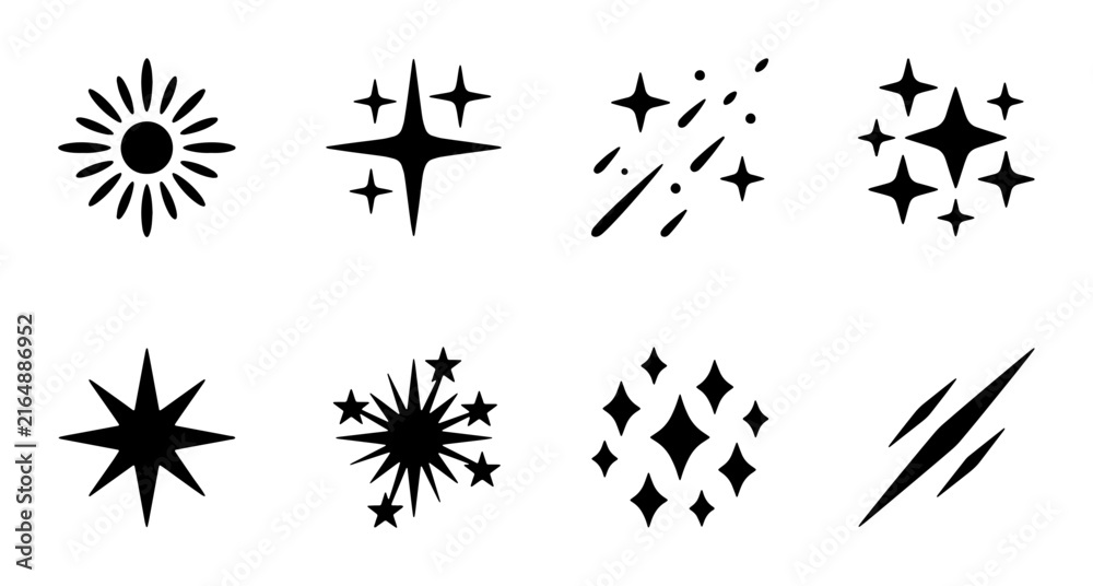 Fototapeta premium Sparkle Starburst Icons, Glittering Shine Elements, Bright Light Burst Graphics, Festive Celebration Symbols, Vector Set