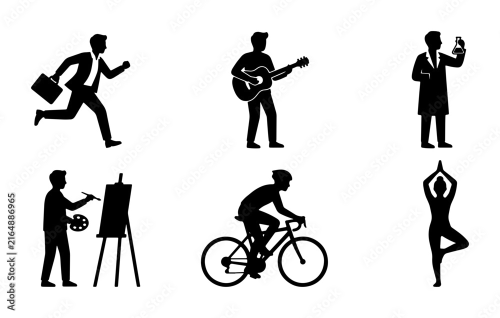 Obraz premium Silhouette Icons: Business Man Running, Guitarist, Doctor, Artist, Cyclist, Yoga Pose, Vector Set for Lifestyle and Activity Concepts