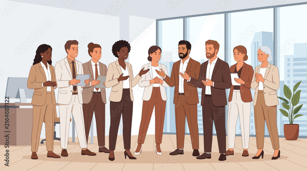 Obraz premium Diverse group of professionals collaborating and discussing ideas in a modern office setting
