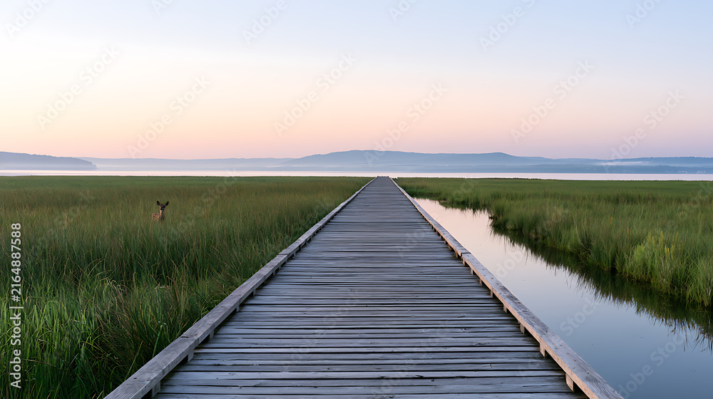 Obraz premium Serene wooden boardwalk leading through lush green wetland marsh toward calm lake waters at peaceful sunrise with a small deer standing near