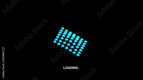 Loading Progress Bar Animation with Abstract Digital Glowing Blue Cubes on a Black screen background