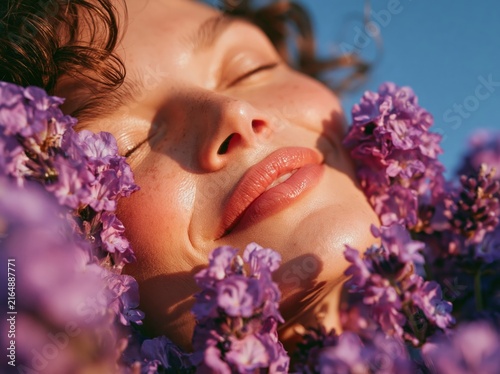Close up of a woman's face with eyes closed surrounded by lavender flowers