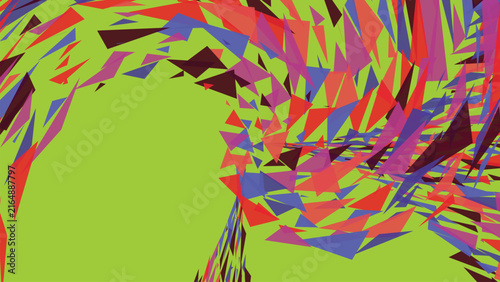 Принти на полотні Dynamic geometric composition featuring fractured sharp triangles arranged in swirling vortex creating intense energy on vibrant neon lime base