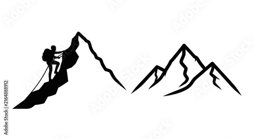 Mountaineer silhouette against mountain range on a white background