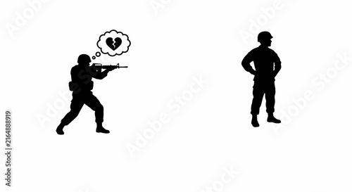 Soldier silhouettes with broken heart thought bubble against white background