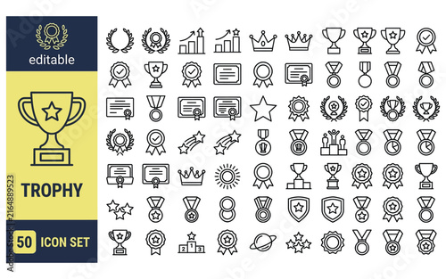 Trophy thin line vector icon set with award symbols for business achievement and competition winners.