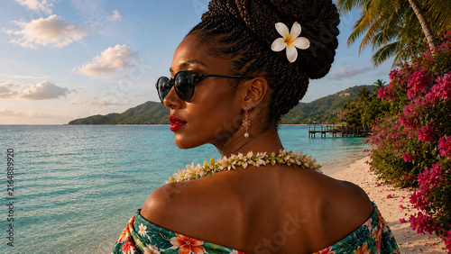 Elegant woman of African descent gazing at a tropical paradise lagoon.