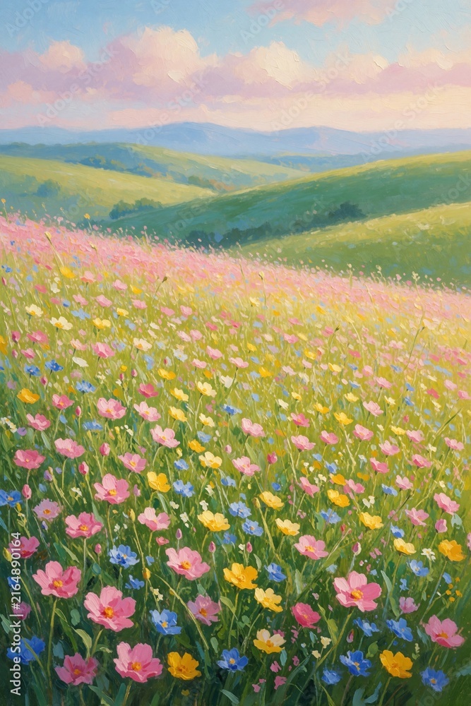 Obraz premium Oil painting of sunlit meadow full of pink yellow, blue wildflowers overlooks rolling green hills. Pastel sky with soft clouds adds serene joy, dreamy atmosphere. Idyllic countryside scene perfect